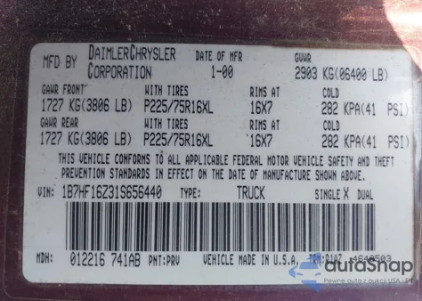 2001 Dodge Ram 1500 St z USA, uszkodzony, nr VIN 1B7HF16Z31S656440